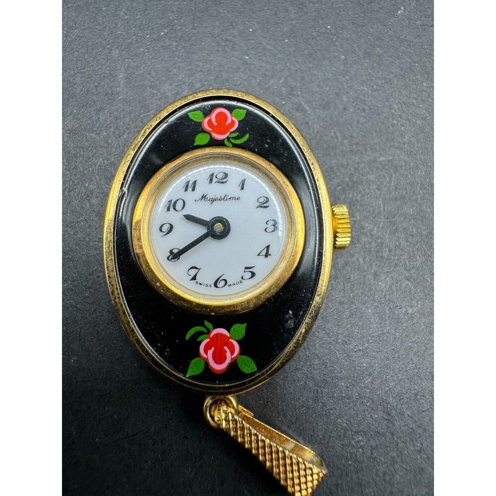 Vintage Majestime Swiss Made Hand Painted Rose on Black Enamel Pendant Watch